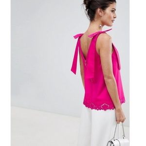Bright Pink Tie-Shoulder Lace-Hem Women's Top